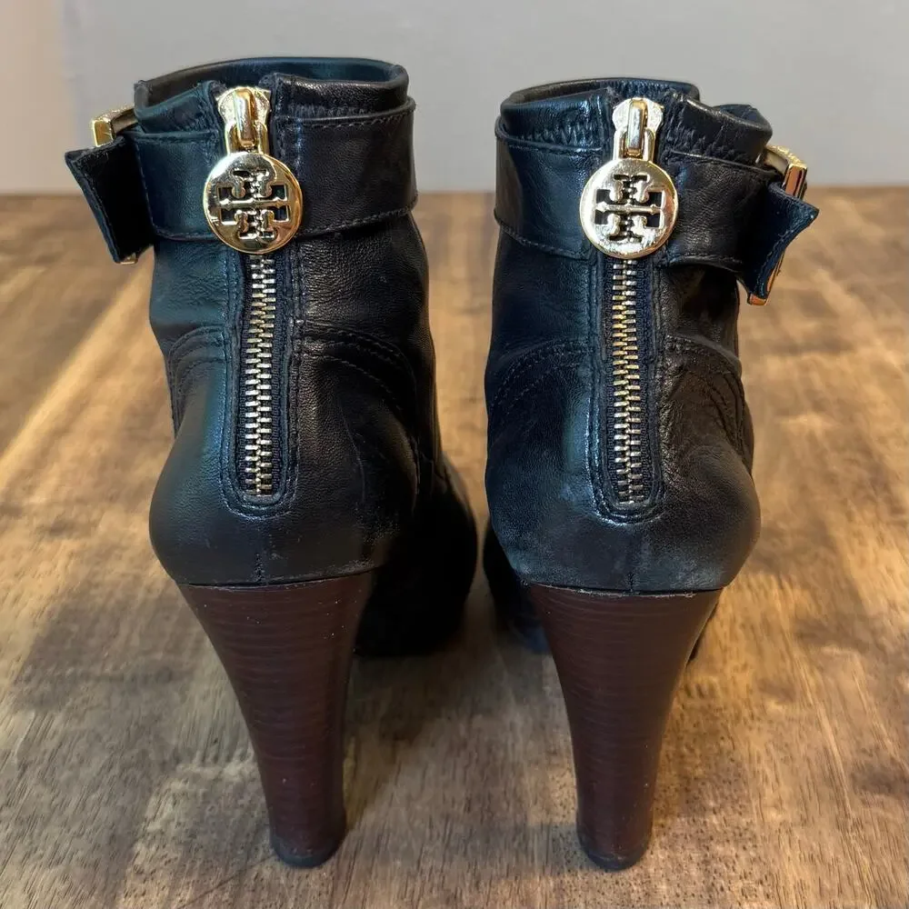 Tory Burch Ankle Boots Melrose Mestico Leather Heel Moto Black Logo Women’s 9.5